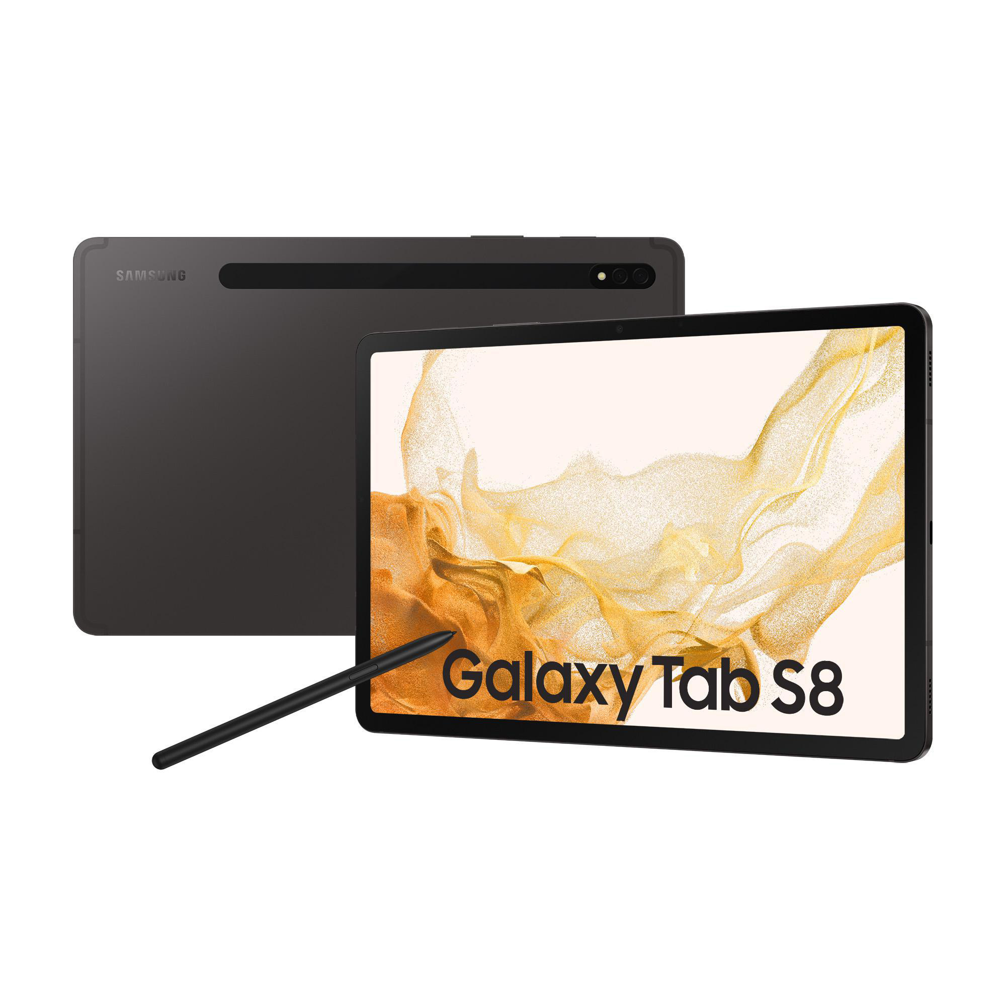 Ein dunkelgraues Samsung Galaxy Tab S8 Tablet mit Stift, auf weißem Hintergrund.
