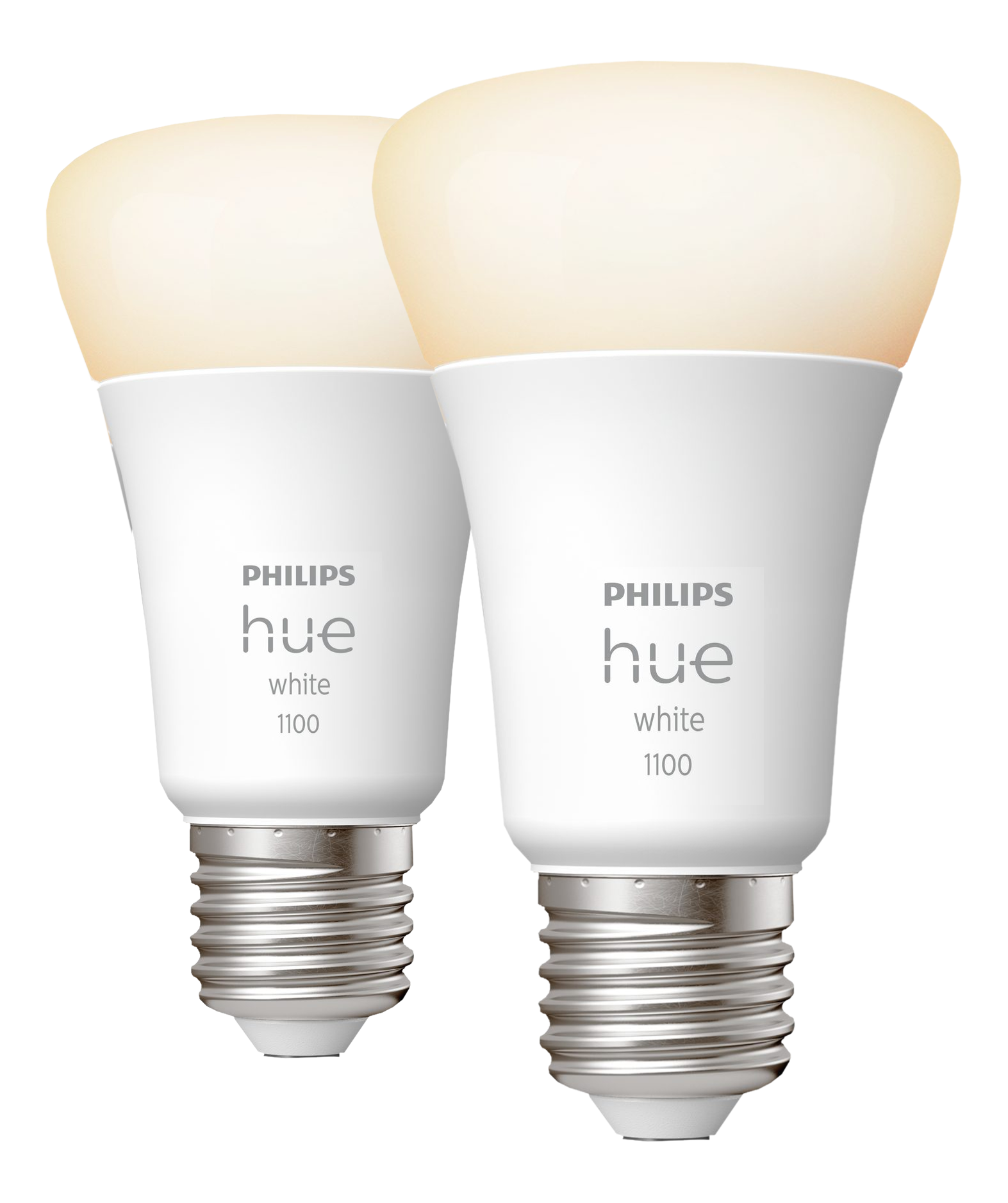 Deux ampoules intelligentes Philips Hue white 1100, base blanche, fond noir.