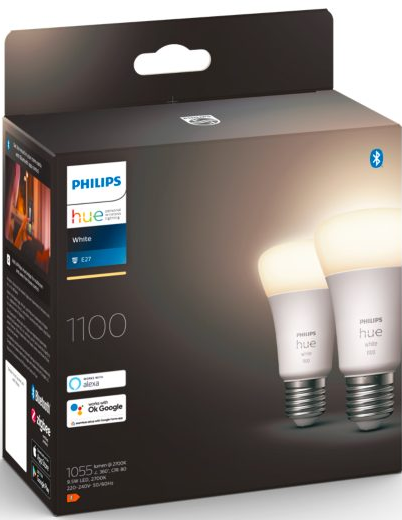 Ampoules intelligentes Philips Hue dans une boîte, avec des détails sur le produit.