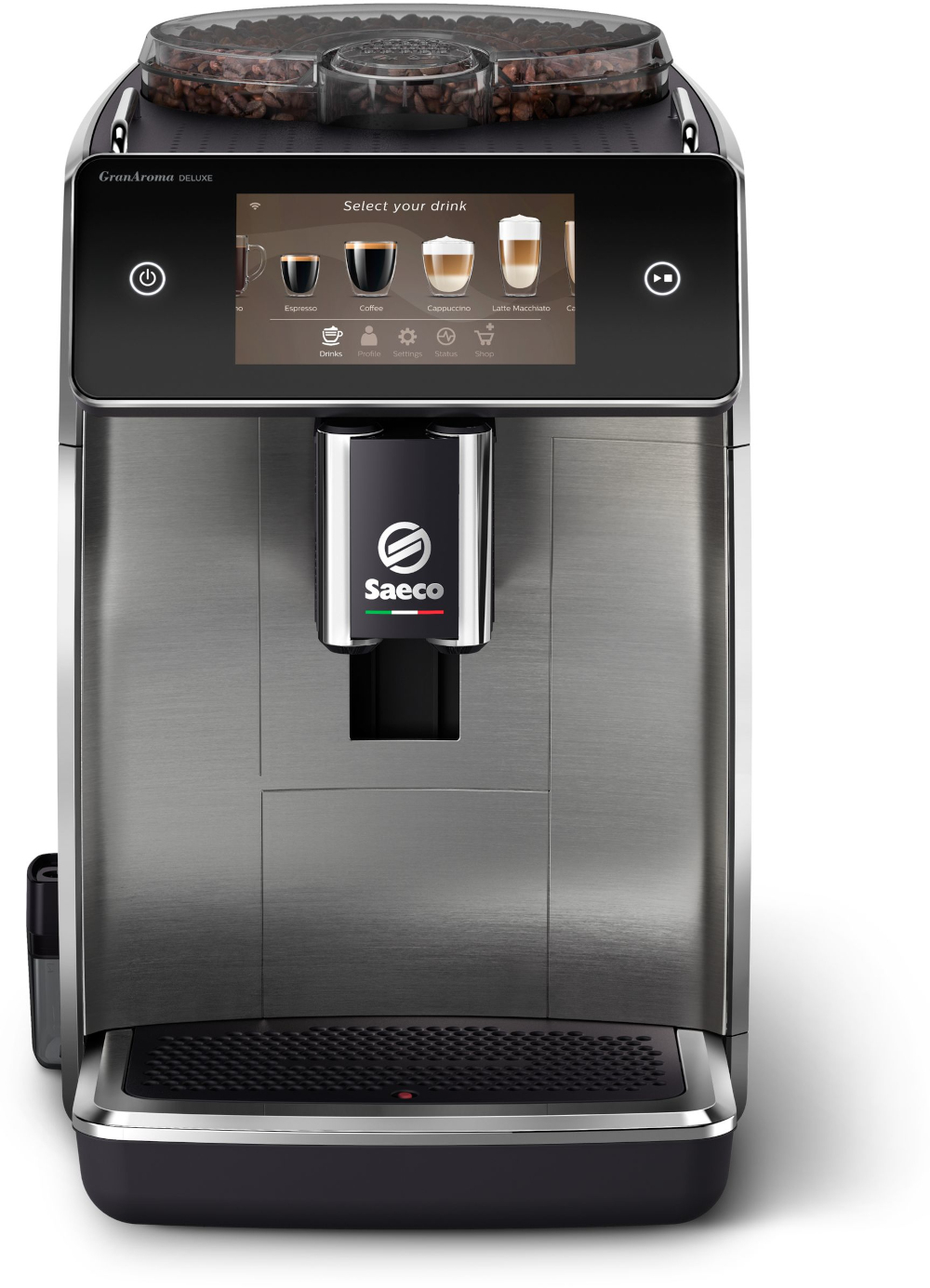 Machine à café avec écran tactile, finition en acier inoxydable et conteneur à grains.