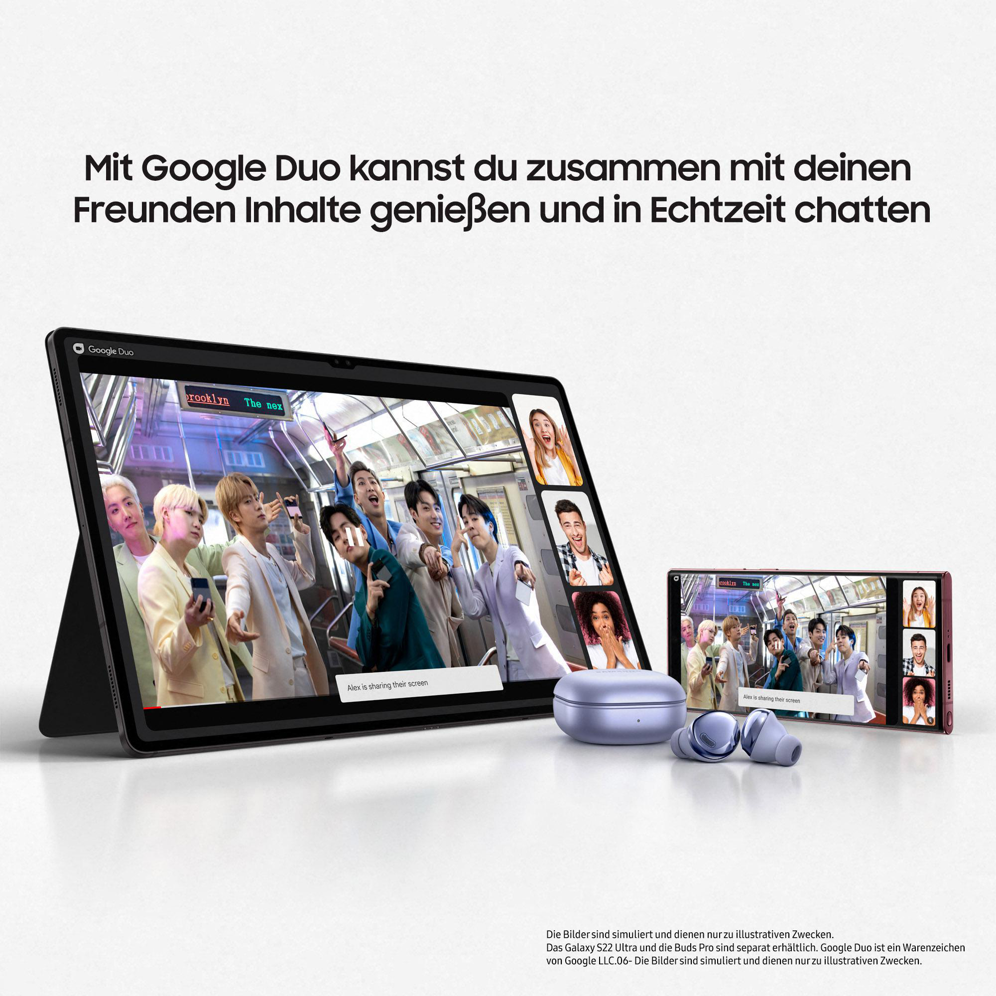 Tablet und Telefon zeigen einen Videoanruf mit mehreren Personen.