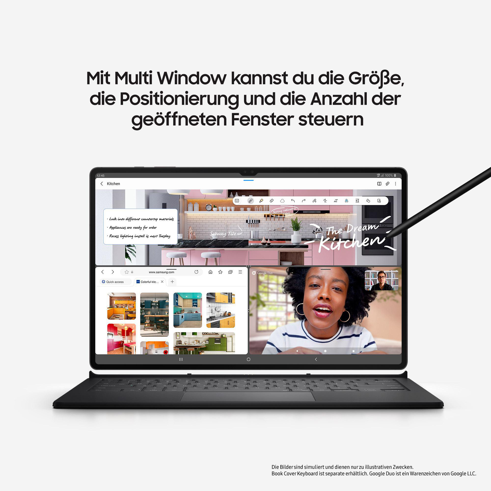 Tablet zeigt mehrere Fenster. Eine Frau ist in einem Videoanruf. Text: 'Mit Multi Window...Fenster steuern'.