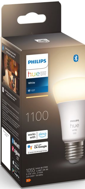 Une ampoule intelligente Philips Hue avec emballage visible.