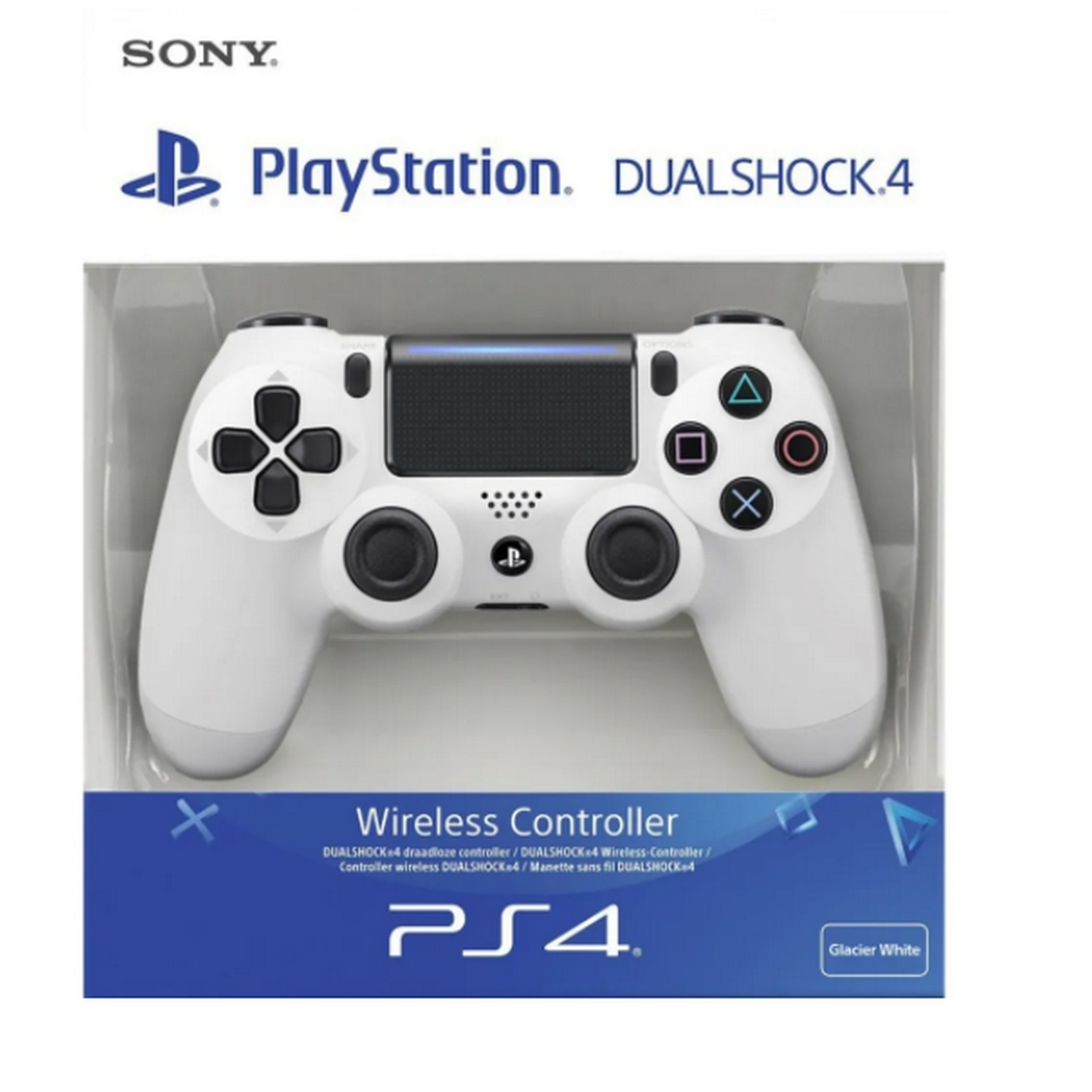 Un mando blanco PlayStation DualShock 4 en una funda de plástico transparente. El logo de Sony está arriba.