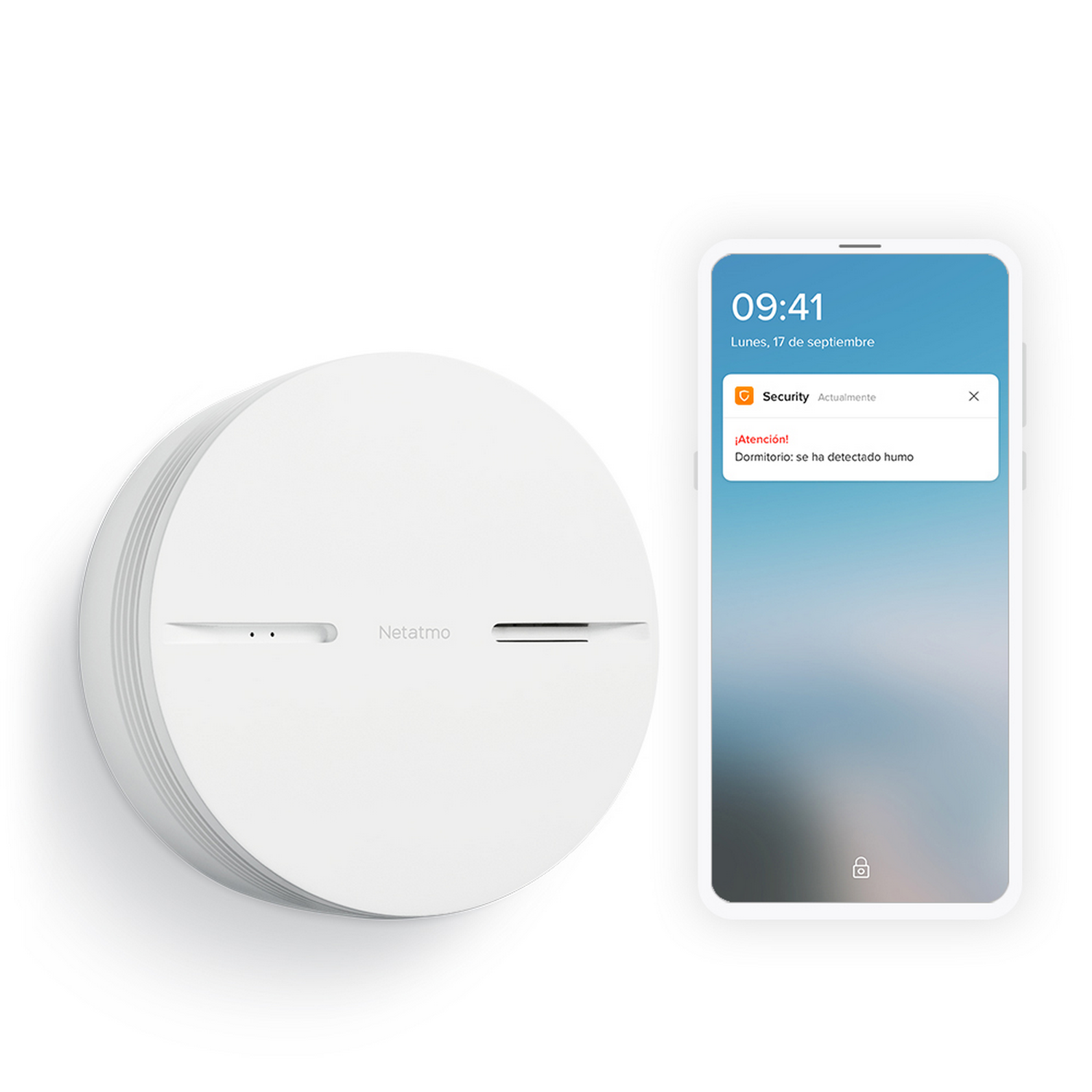 Dispositivo doméstico inteligente blanco y un teléfono que muestra una notificación: 'Dormitorio: se detectó humo'.