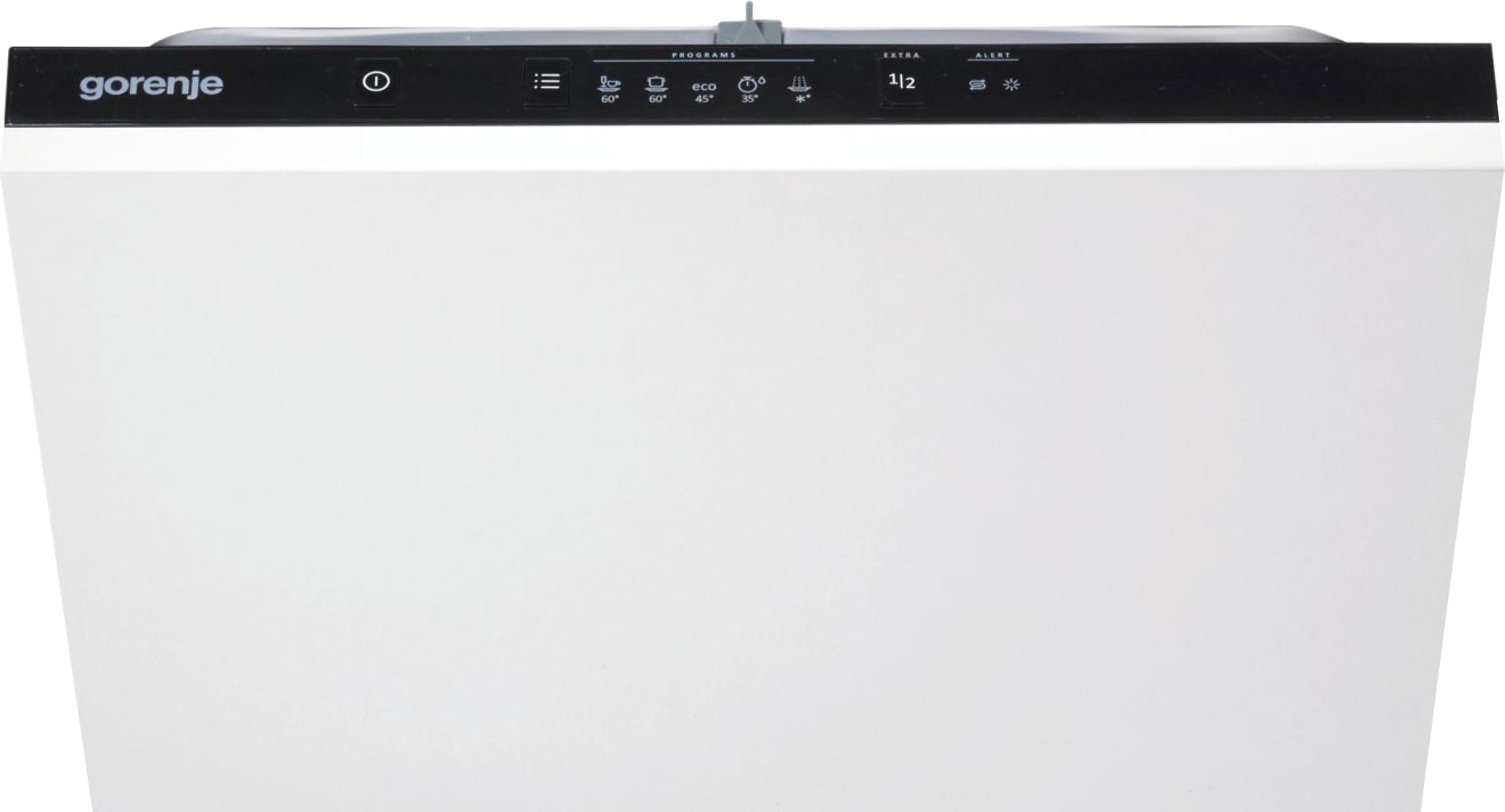 Fehér mosogatógép, tetején fekete vezérlőpanellel. A panel gombokat tartalmaz.