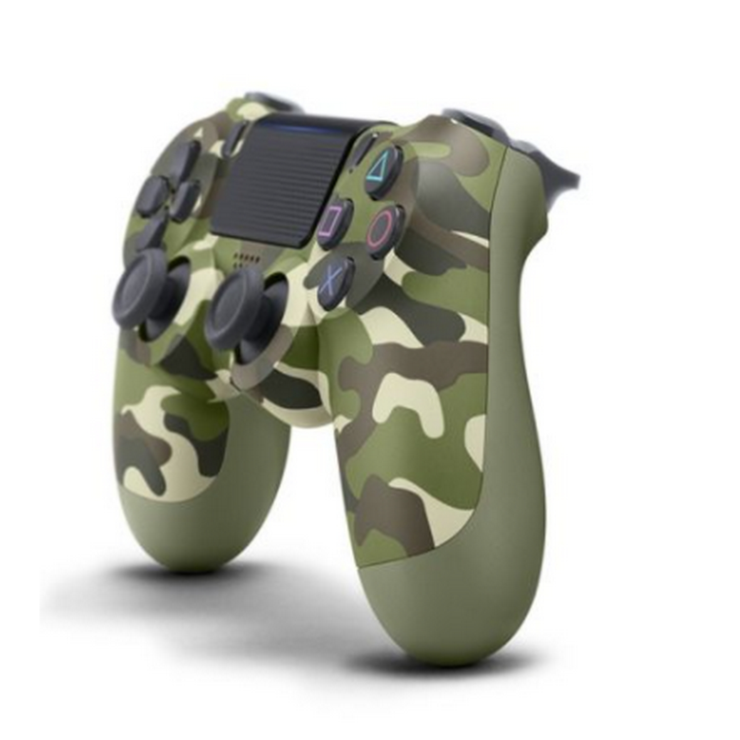 Mando de PlayStation 4 con patrón de camuflaje sobre fondo blanco, en ángulo a la derecha.