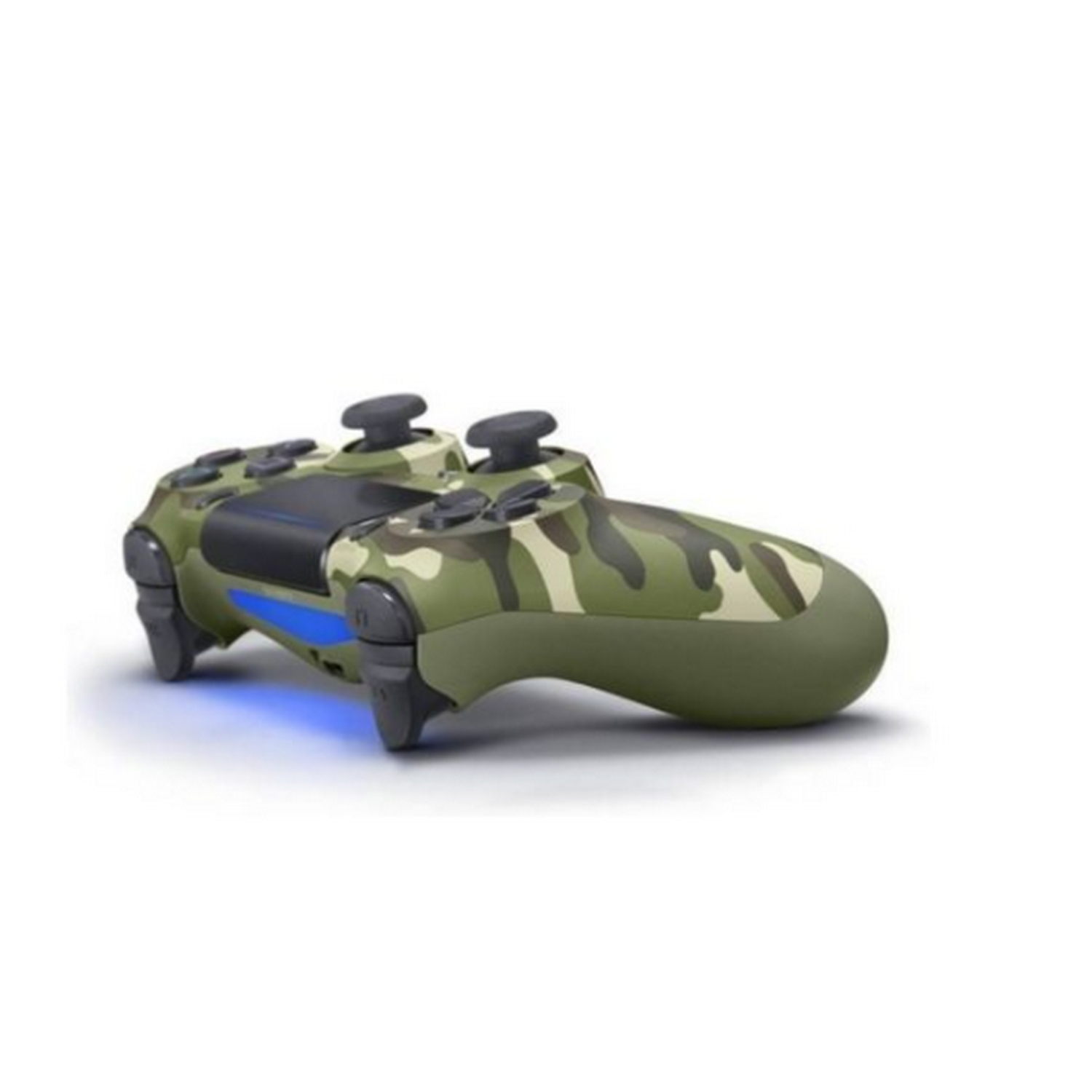 Controlador PlayStation 4 verde y camuflaje sobre fondo blanco. Botones y joysticks negros.