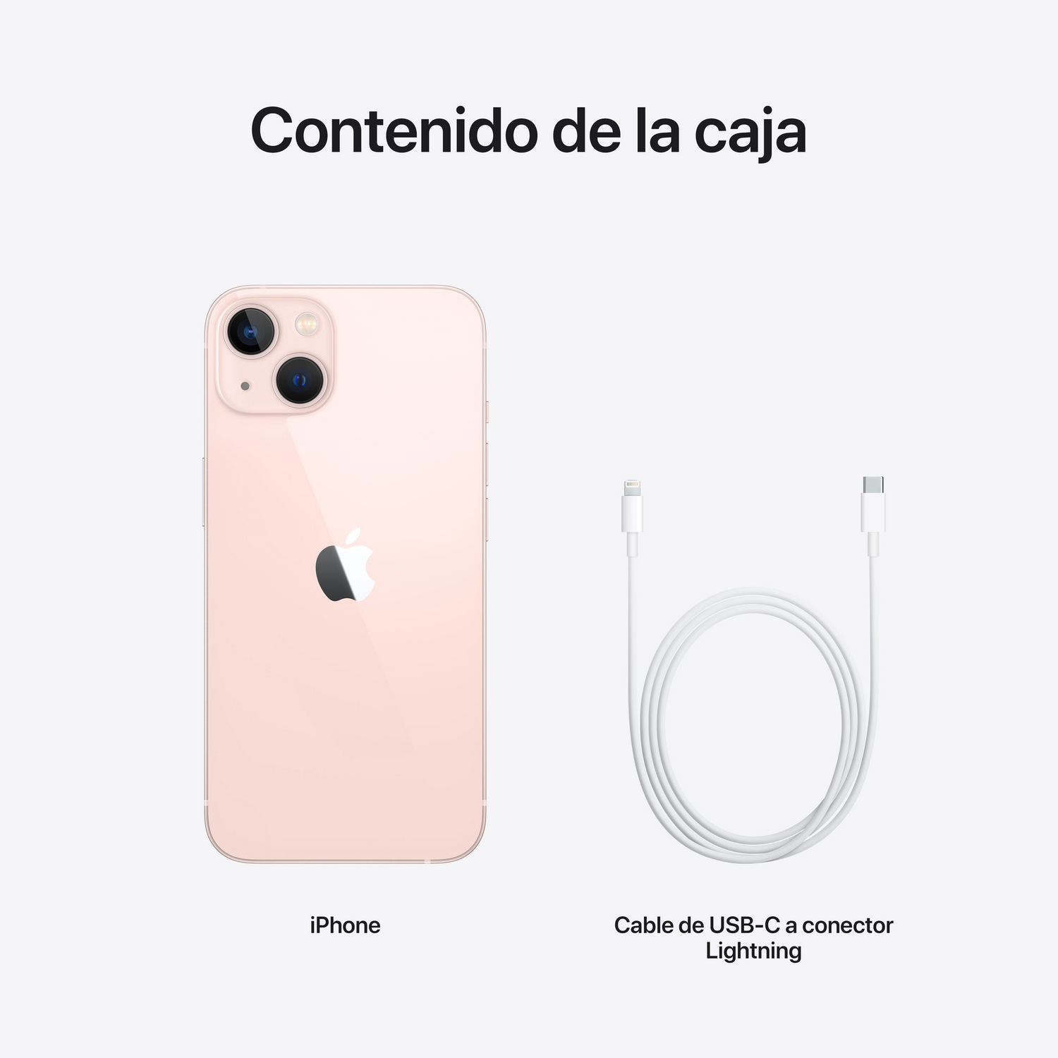 iPhone rosa y un cable USB-C a Lightning blanco, sobre un fondo blanco.