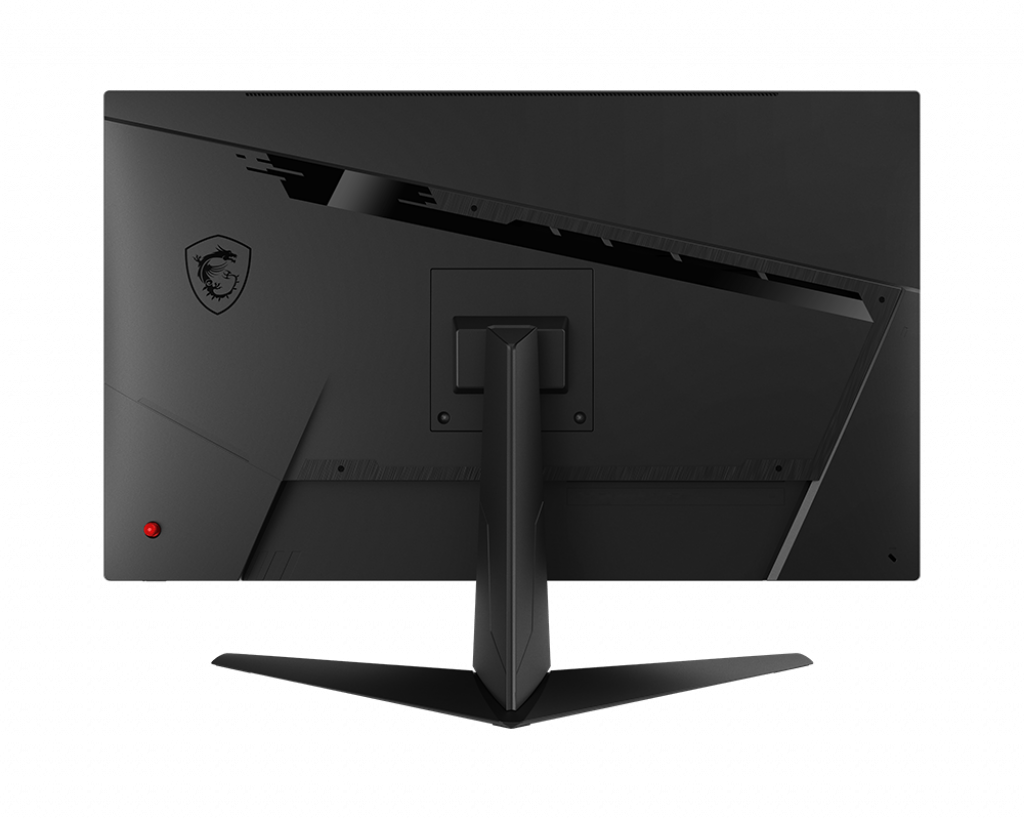 Achterkant zwarte monitor. MSI logo, rood stroomlampje en standaard. Zwarte achtergrond.
