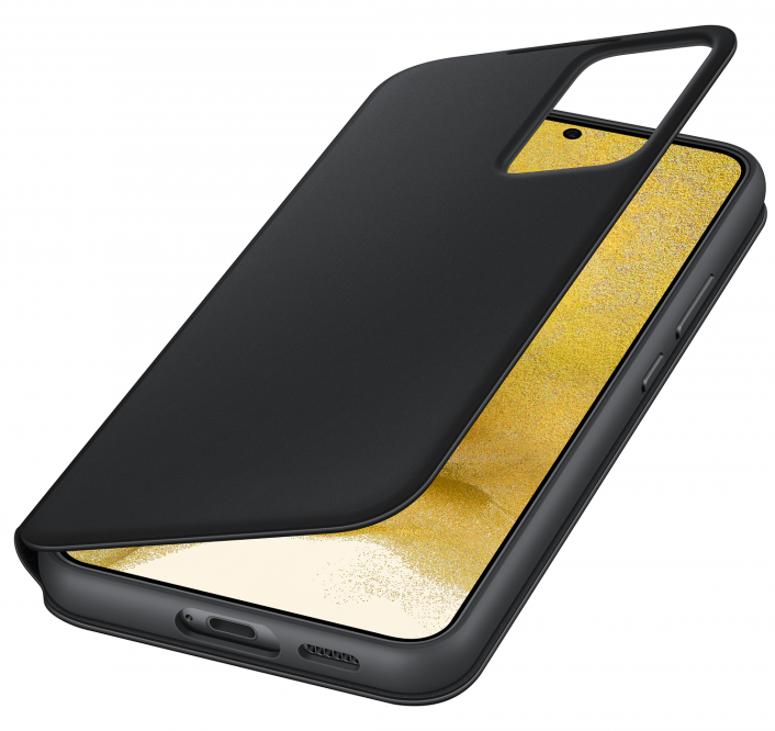 Fekete telefontok, benne egy telefonnal. A tok részben nyitva van.