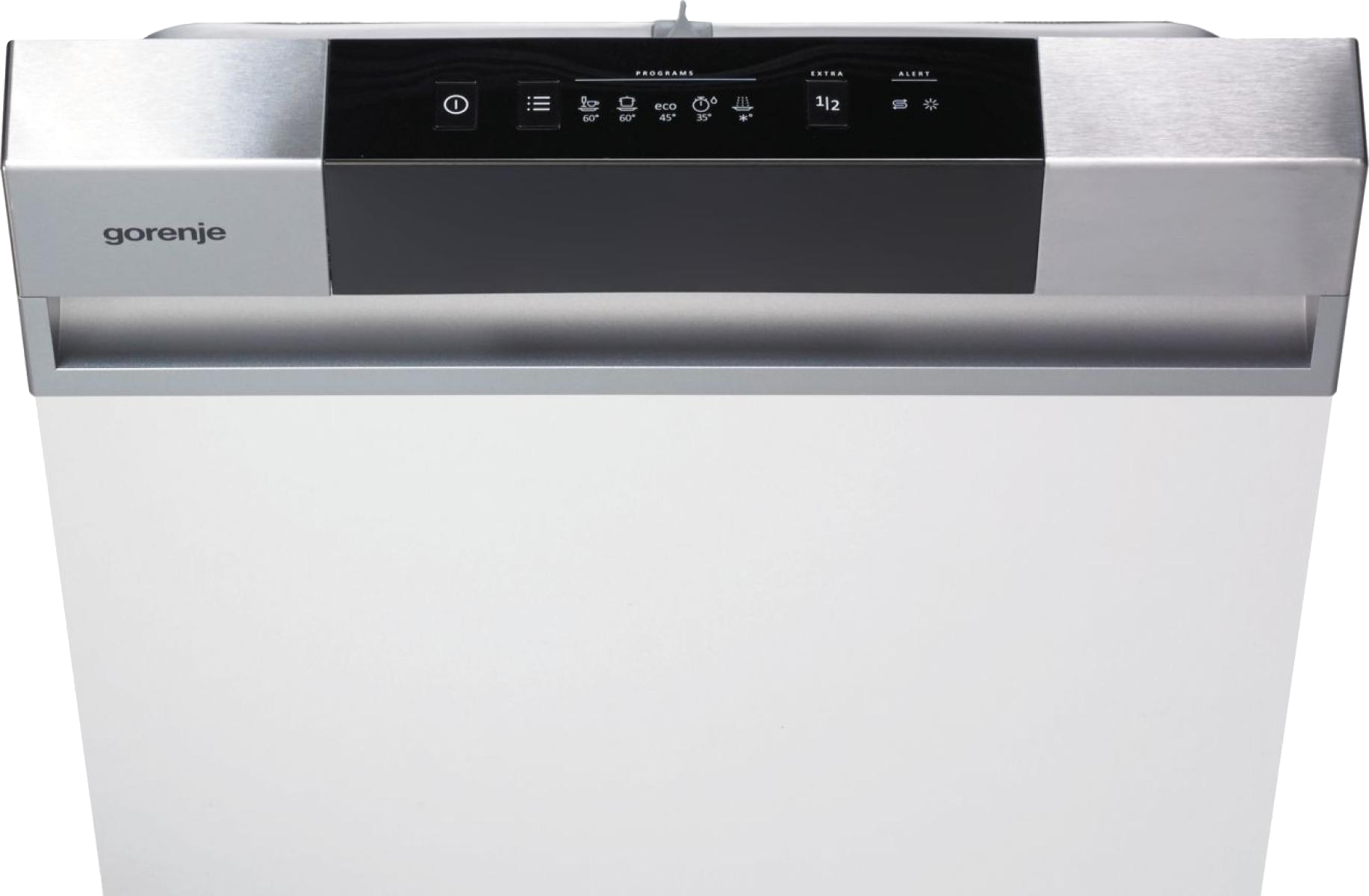 A Gorenje mosogatógép vezérlőpaneljének közeli képe programokkal és extra beállításokkal.