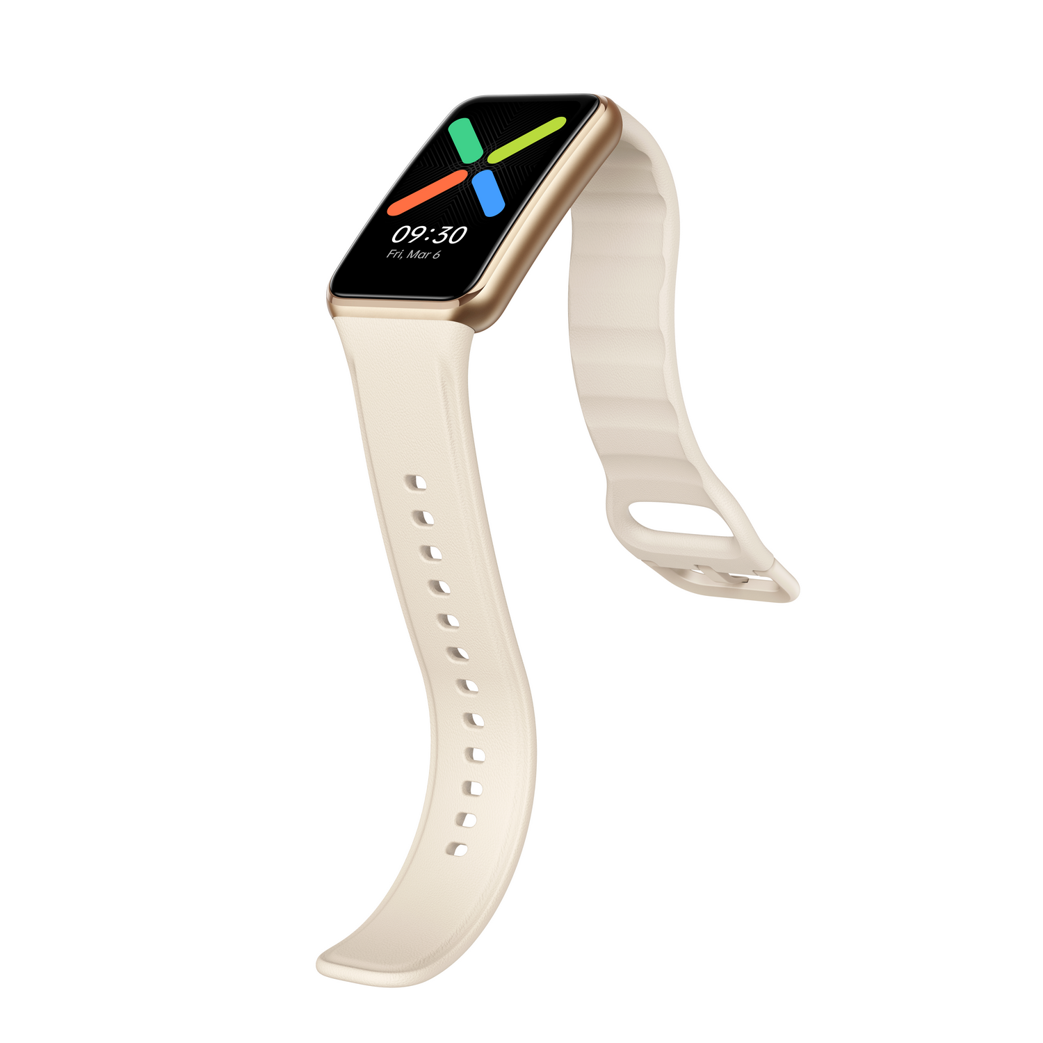 Un smartwatch Oppo con caja dorada y correa crema, mostrando la hora.
