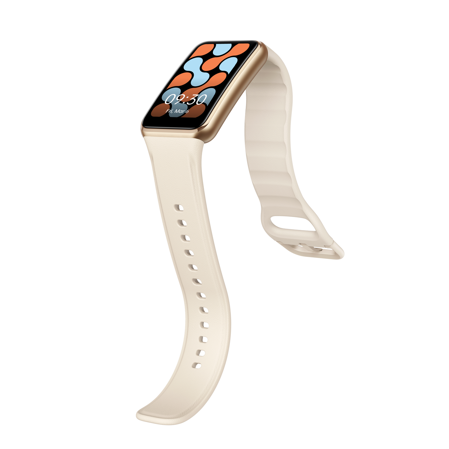 Un smartwatch crema con marco dorado, muestra hora y fecha. Fondo blanco.