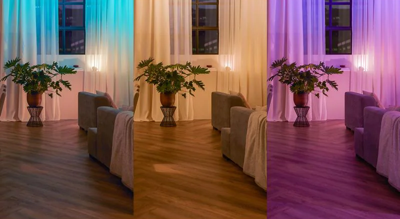 Trois images montrant une pièce avec des lumières de couleurs variées : bleu, neutre et violet.
