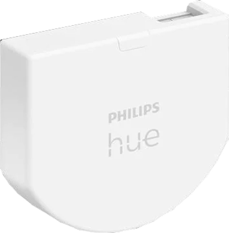 Un appareil domestique intelligent Philips Hue blanc avec le nom de la marque visible.