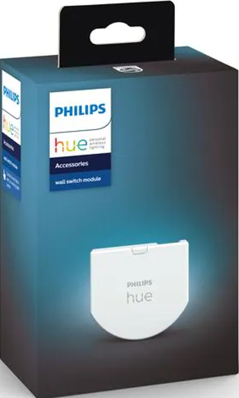 Boîte avec les mots 'Philips Hue' et un module d'interrupteur mural à l'intérieur.