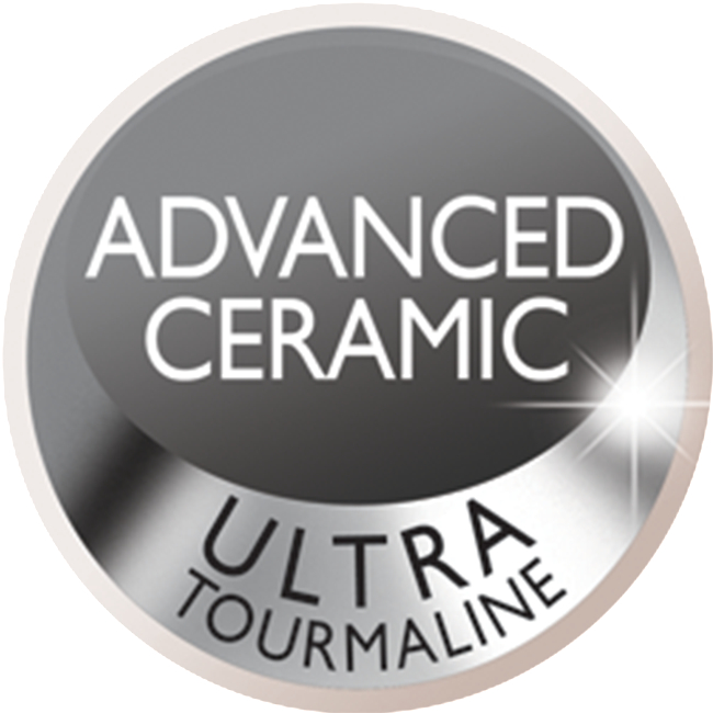 Rundes schwarz-graues Abzeichen mit weißem Text "ADVANCED CERAMIC" und "ULTRA TOURMALINE".