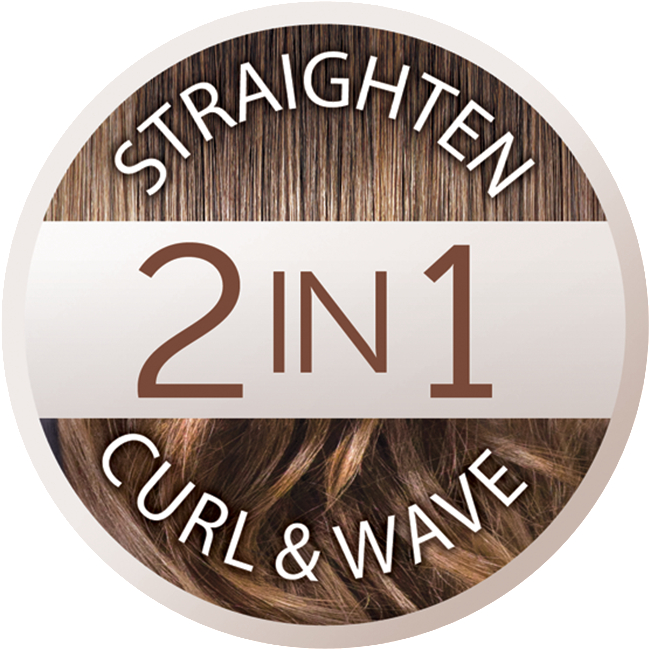Rundes Logo mit Text: Glätten, 2 in 1, Locken & Wellen, über Haaren.