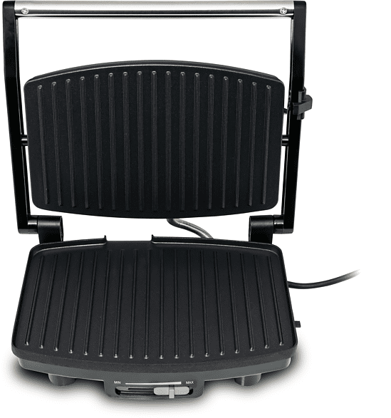 Nyitott fekete grill két barázdált főzőlappal.