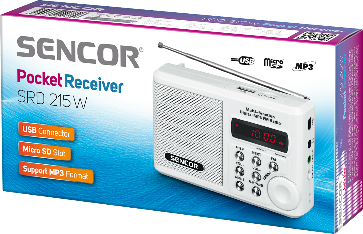 Fehér SENCOR Pocket Receiver doboz, rádióval és MP3 támogatási funkciókkal.