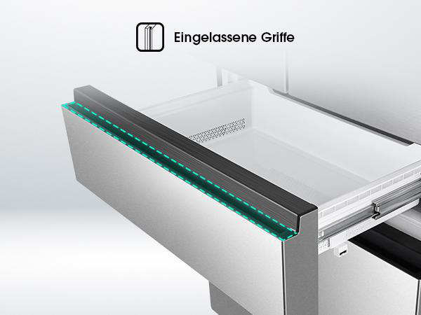 Nahaufnahme einer Kühlschublade. Die Schublade ist aus Edelstahl mit schwarzem Griff.