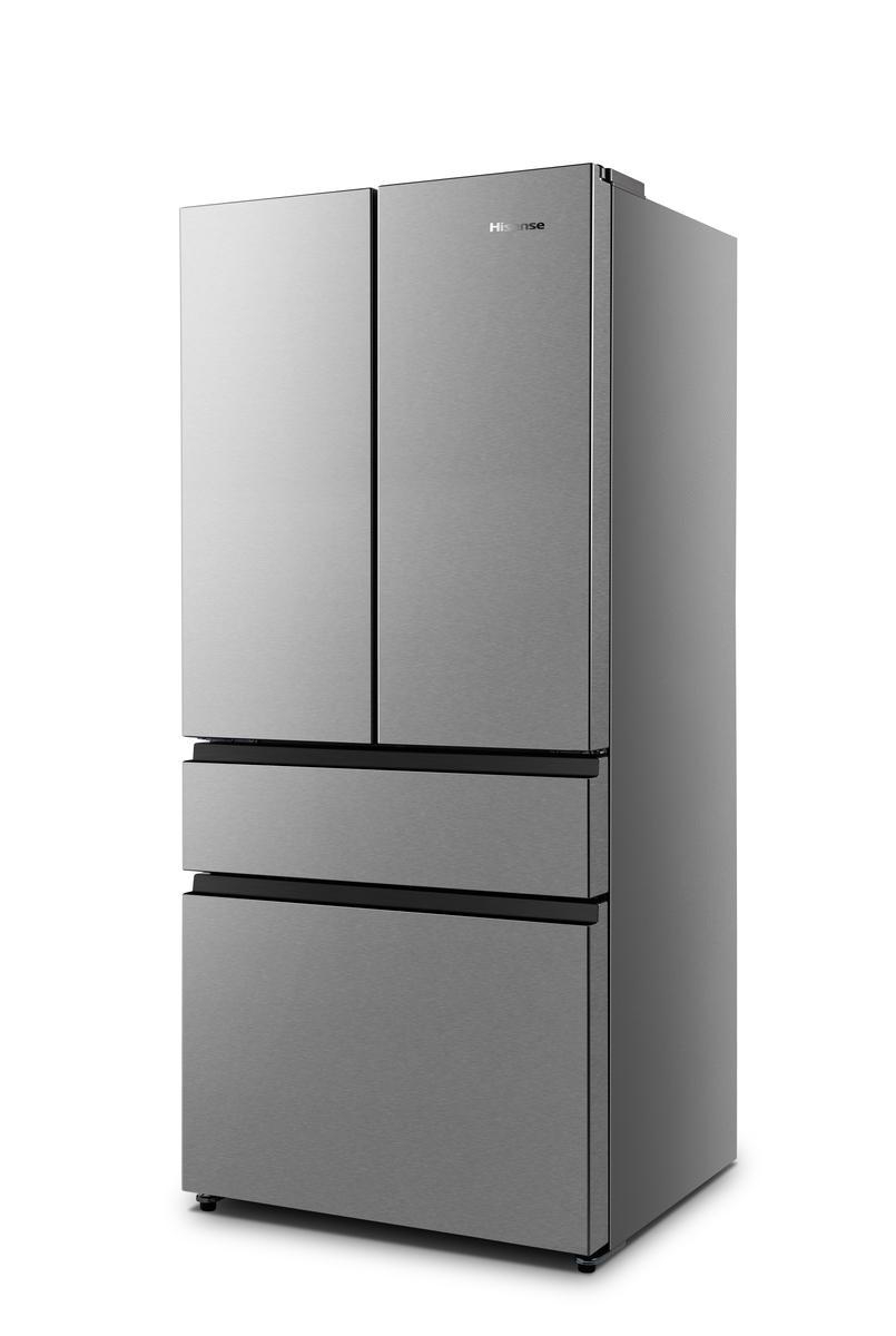 Silberner Kühlschrank mit vier Türen. Edelstahl-Finish. Weißer Hintergrund.