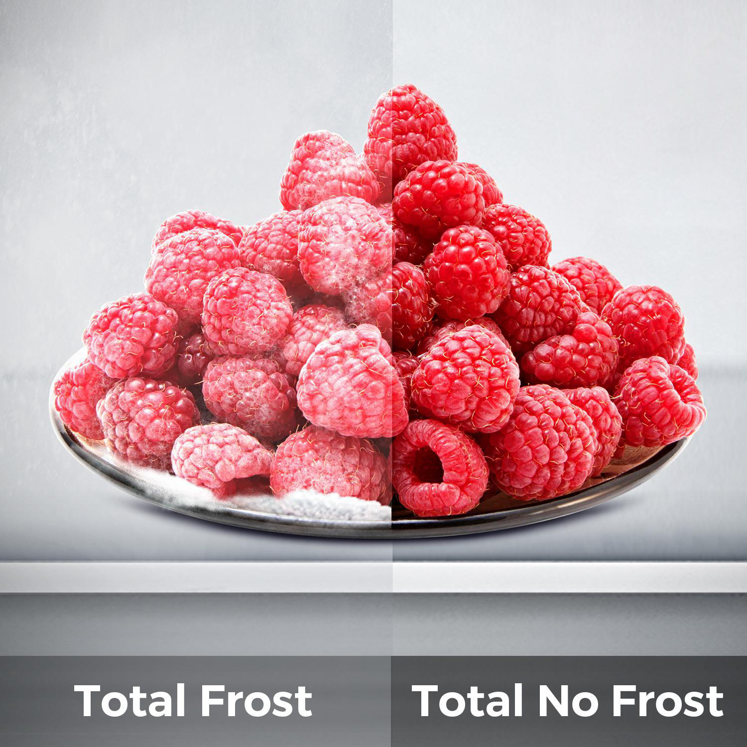 Himbeeren auf einem Teller, aufgeteilt in Total Frost und Total No Frost.