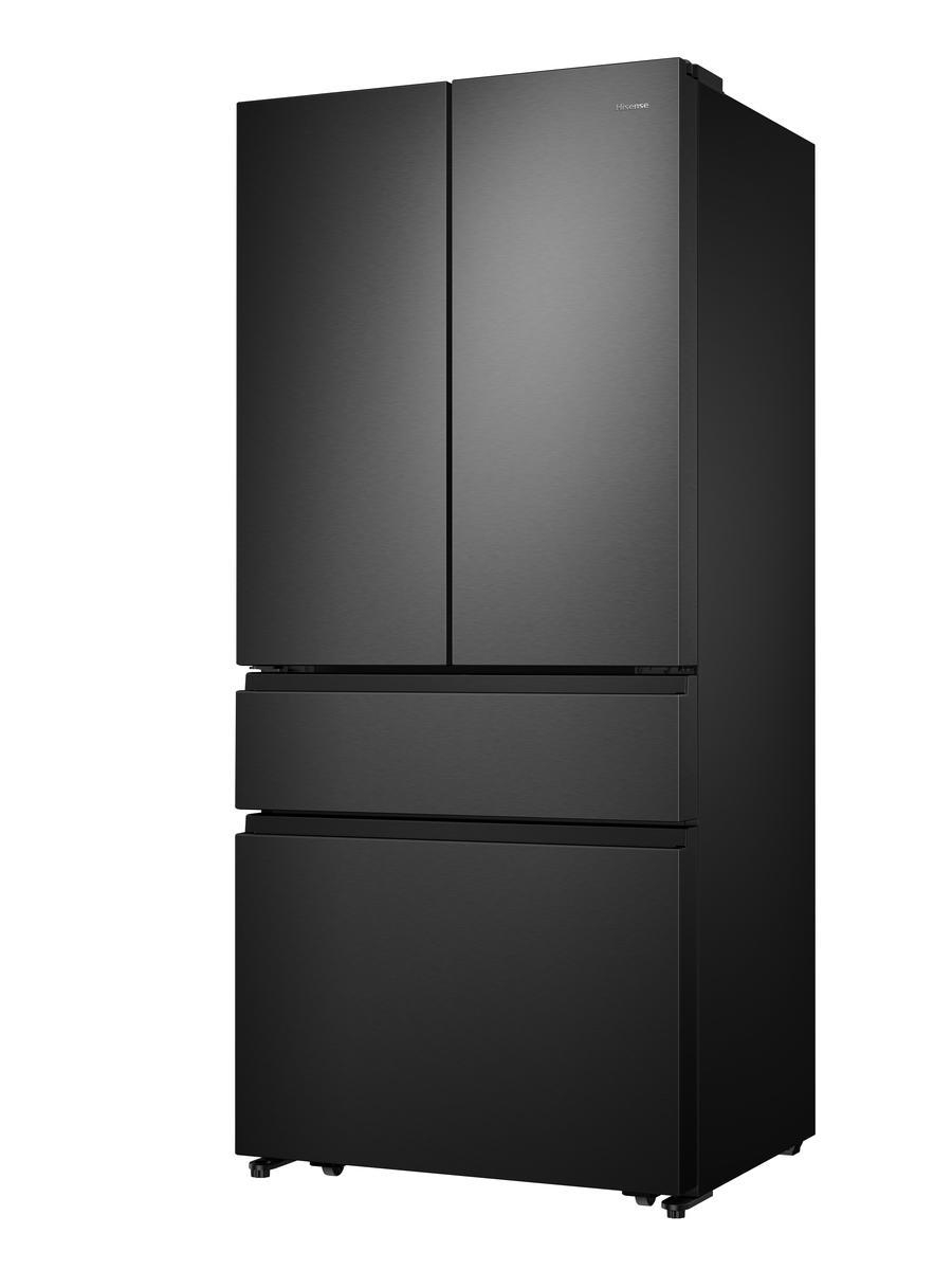 Schwarzer Hisense-Kühlschrank mit vier Türen. Die Türen sind geschlossen.