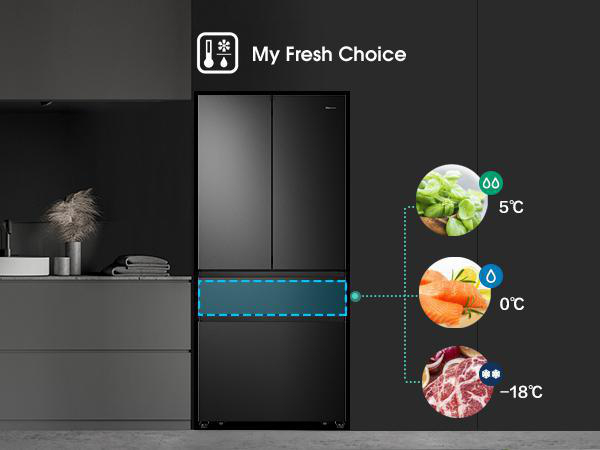 Schwarzer Kühlschrank mit Essenssymbolen. Drei Kreise zeigen Gemüse, Karotten und Fleisch bei verschiedenen Temperaturen.