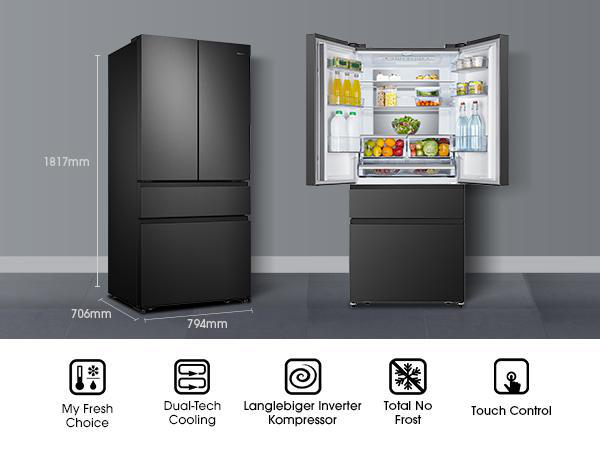 Schwarzer Kühlschrank mit Maßen und Symbolen für Funktionen.