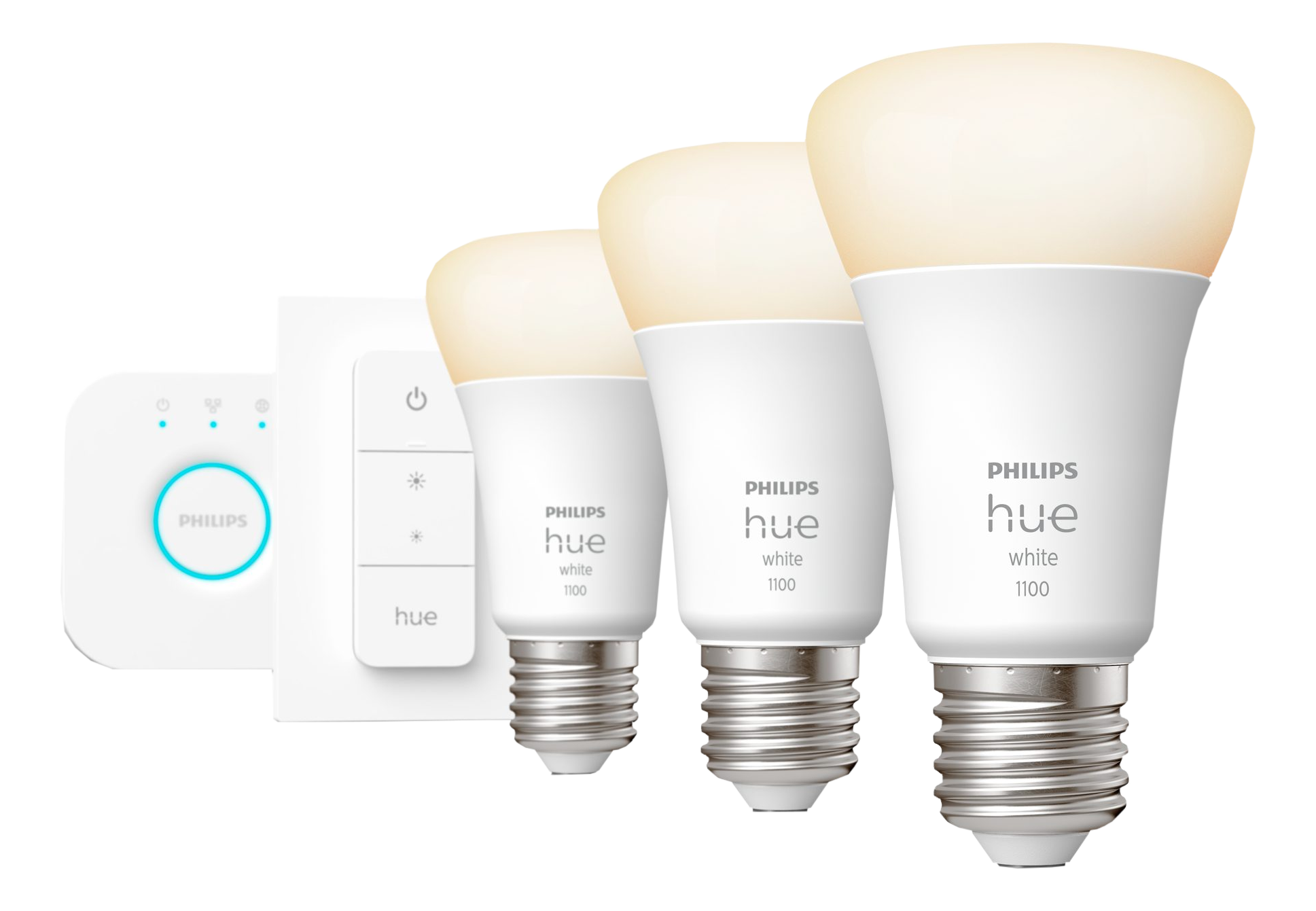 Drei Philips Hue Smart-Glühbirnen, eine Fernbedienung und eine Philips Hue Steuerbox. Alles in Weiß.