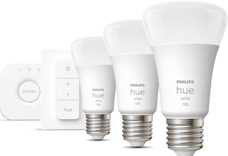 Drei weiße Philips Hue Smart-Lampen und ein Steuerungshub mit weißem Schalter.