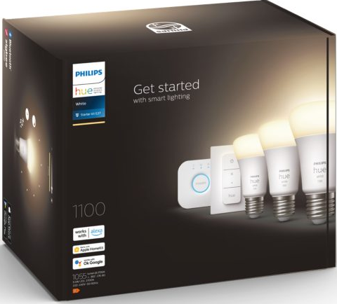 Philips Hue Smart Lighting Box mit Glühbirnen und Zubehör.