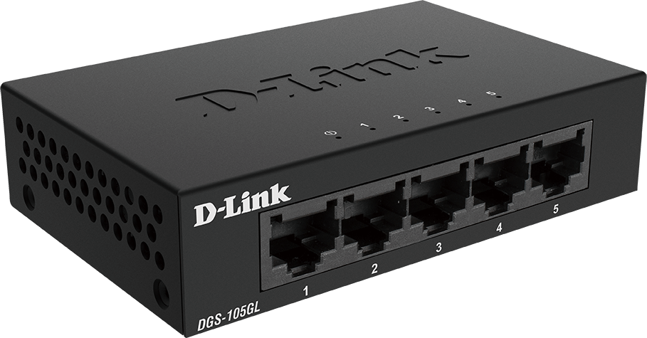 Un switch réseau noir D-Link DGS-105GL à cinq ports.