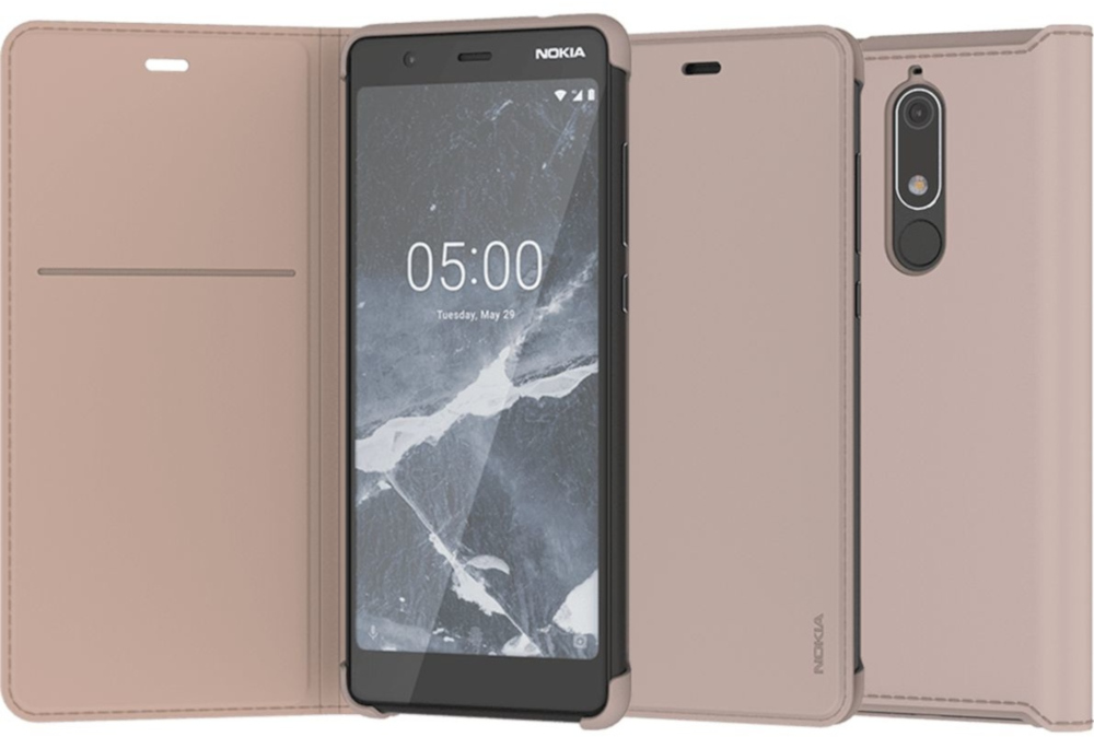 Een telefoon in een hoes, opengeklapt om het scherm te tonen, naast de gesloten hoes.