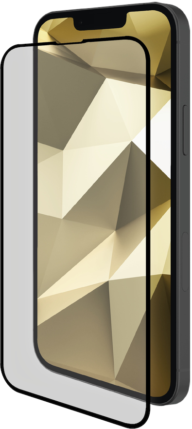 A phone with a screen protector applied. The phone is black, with a geometric background.