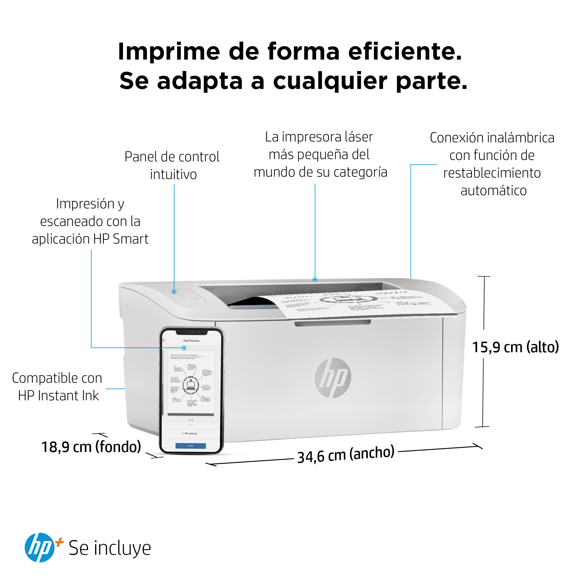 Una impresora HP blanca con un smartphone que muestra la interfaz de la aplicación. El texto en español describe las funciones.