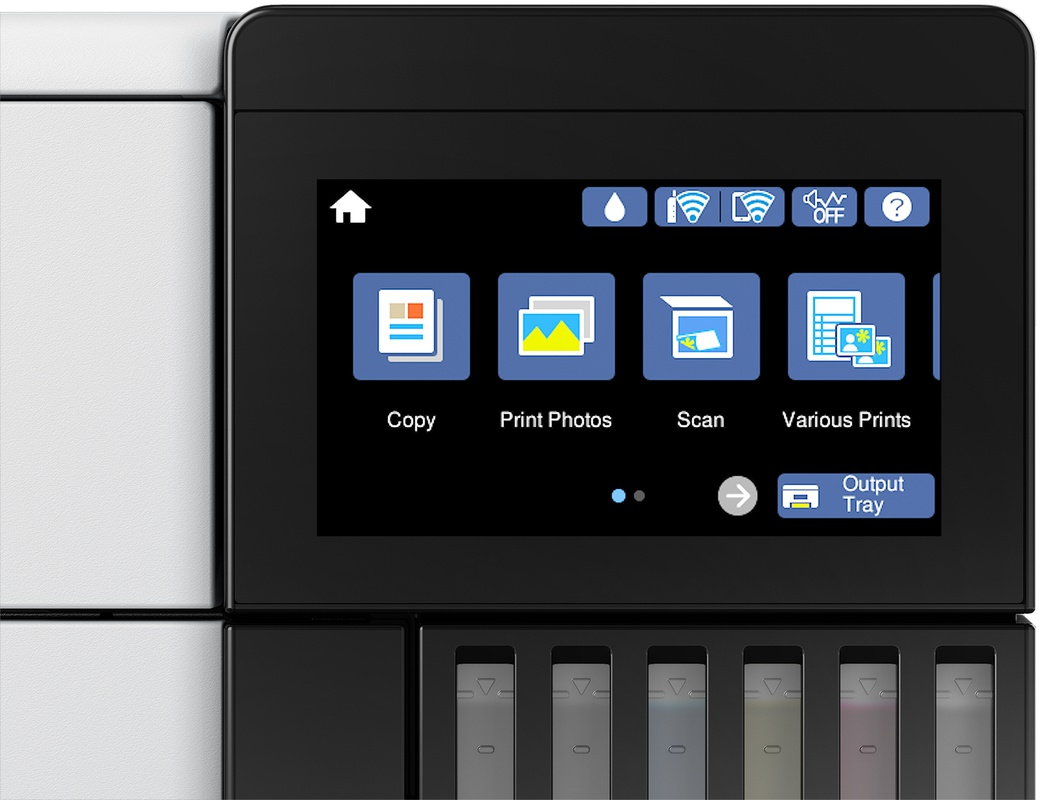 Printer control panel displaying touchscreen with copy, print photos, scan and output tray icons.