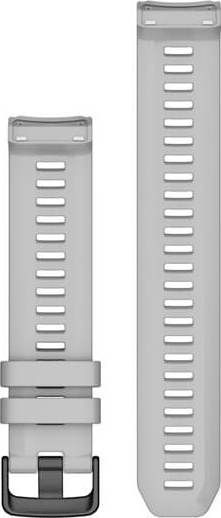 Zwei hellgraue Uhrenarmbänder, eines lang, das andere kürzer mit schwarzer Schnalle, auf weißem Hintergrund.