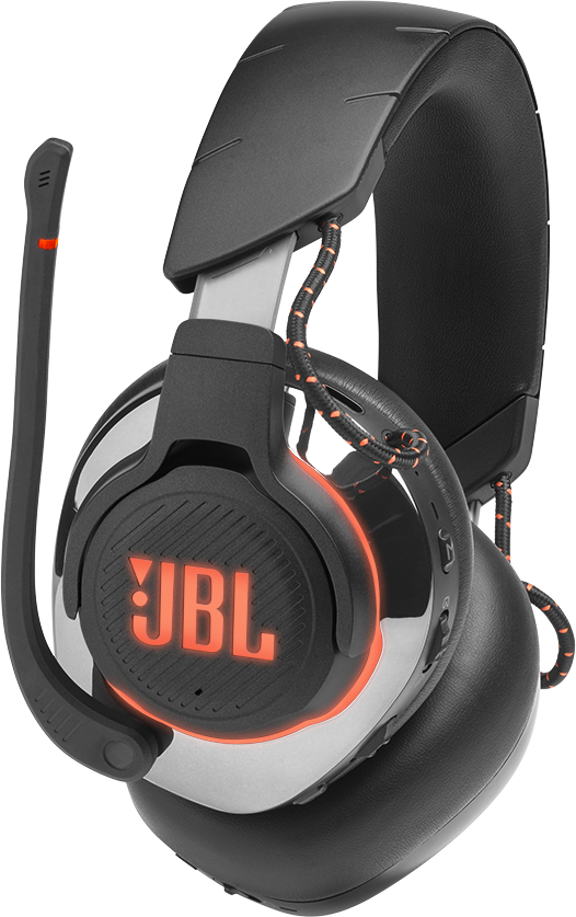 Schwarzes JBL Gaming-Headset. Orange beleuchtetes Logo. Schwarze Ohrmuscheln und Mikrofon.
