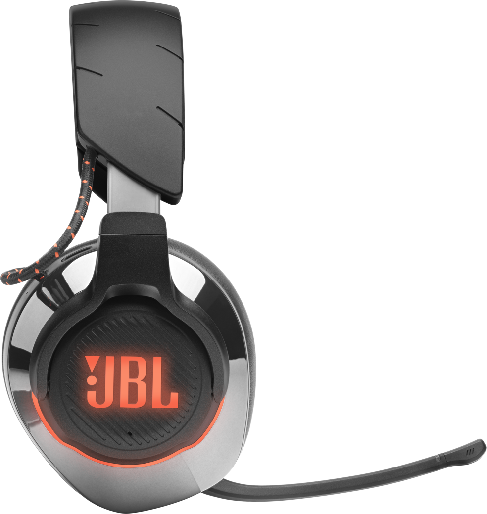 Schwarze und silberne JBL-Kopfhörer mit roten Lichtakzenten und Mikrofon. Schwarzer Hintergrund.