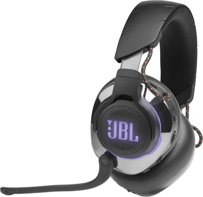Schwarze und silberne JBL Gaming-Kopfhörer mit Mikrofon. Das Logo ist sichtbar.