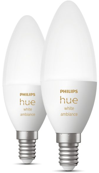 Zwei weiße Philips Hue Glühbirnen. Sie sind kerzenförmig mit goldenem Text auf der Vorderseite.