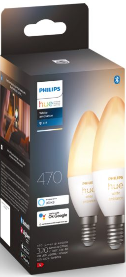 Box mit Philips Hue-Glühbirnen. Die Glühbirnen sind weiß und in der Box. Vordergrund.