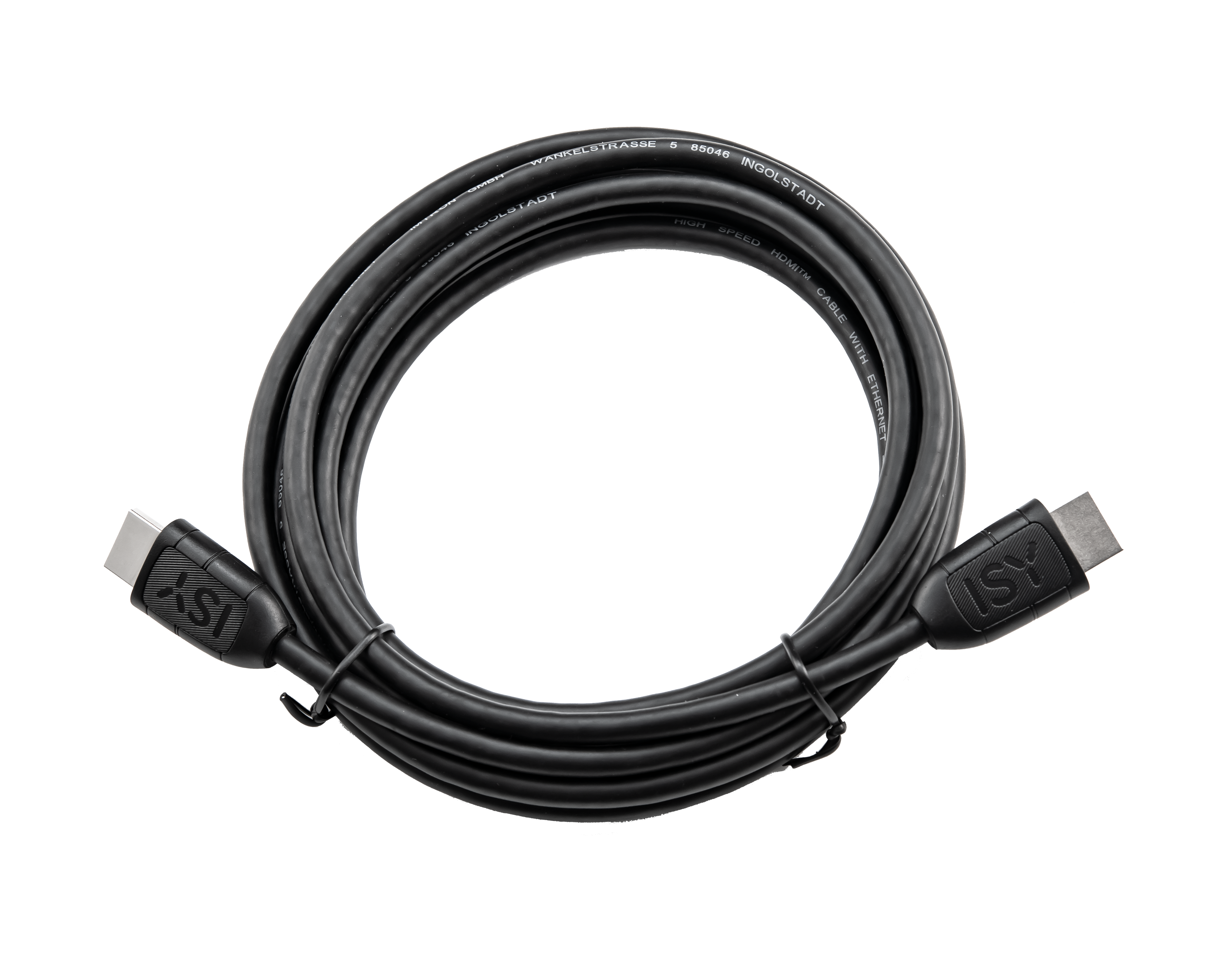 Ein schwarzes HDMI-Kabel mit ISY-Logos an beiden Enden ist vor schwarzem Hintergrund aufgerollt.