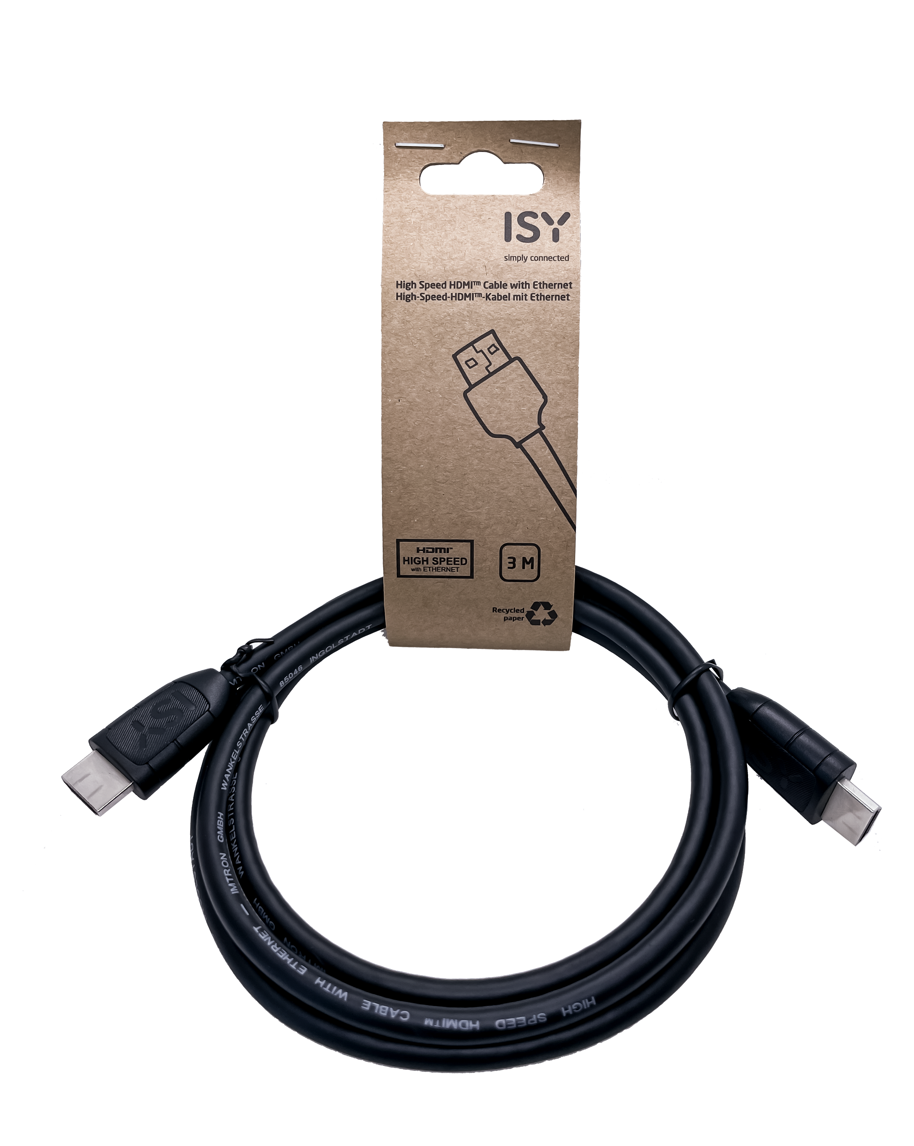 Schwarzes HDMI-Kabel mit Verpackung. Auf dem Etikett steht: High Speed HDMI Cable with Ethernet.