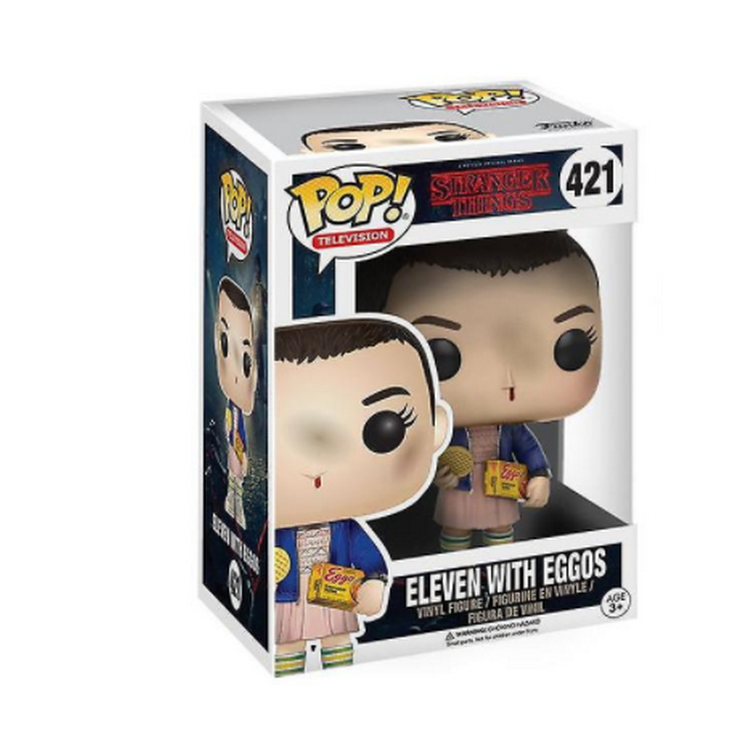 Figura Funko Pop de Eleven en caja. Presenta a Eleven sosteniendo Eggos, el arte de la caja muestra a Eleven con Eggos y el título.