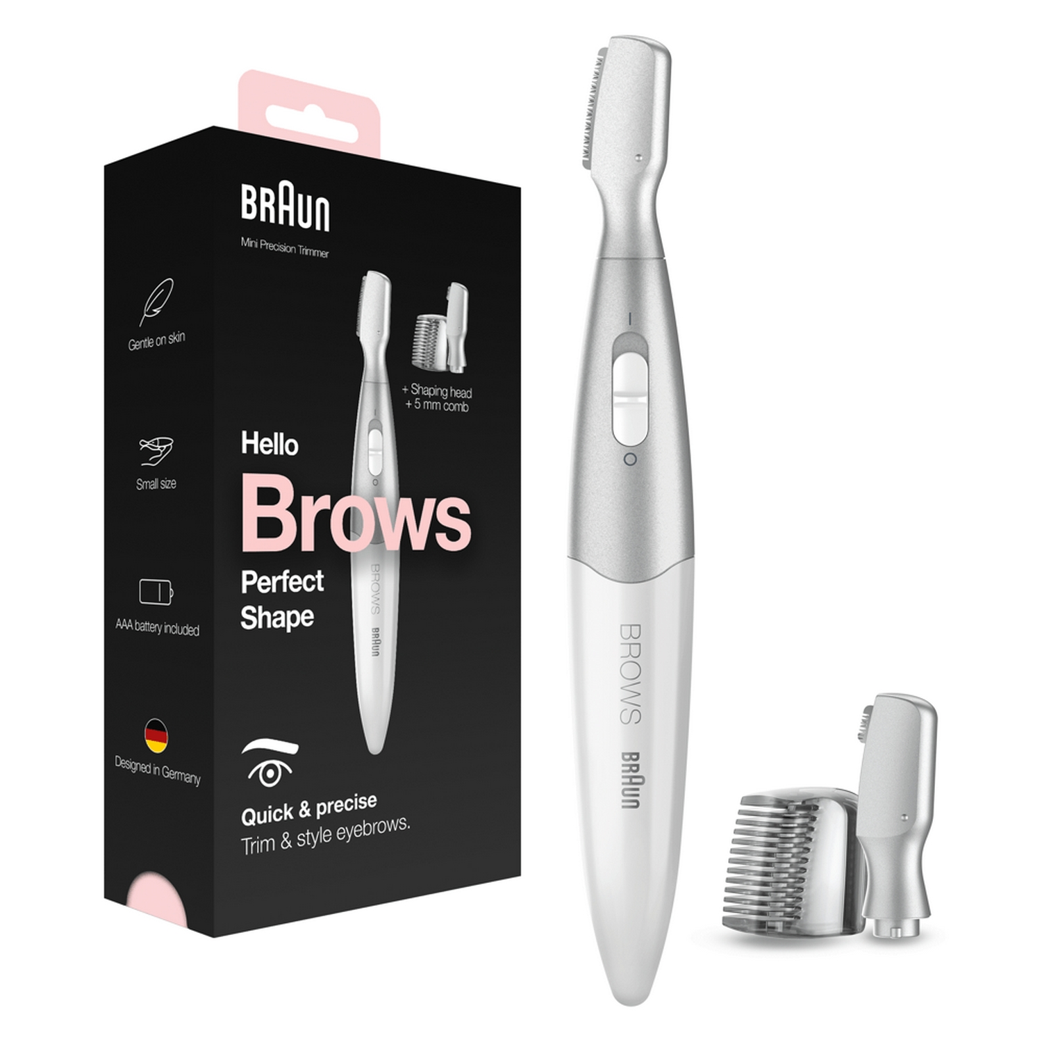 Recortador de cejas Braun con caja. Blanco y plateado. Incluye cabezal y peine.
