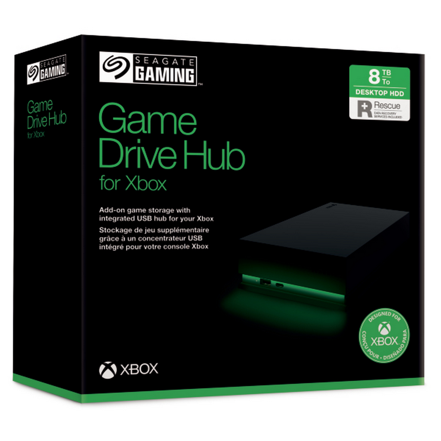 Una caja negra con texto para Xbox, más un interior verde brillante.